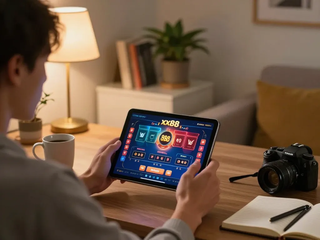 Engage with xx88's online casino gaming interface in a cozy home environment.