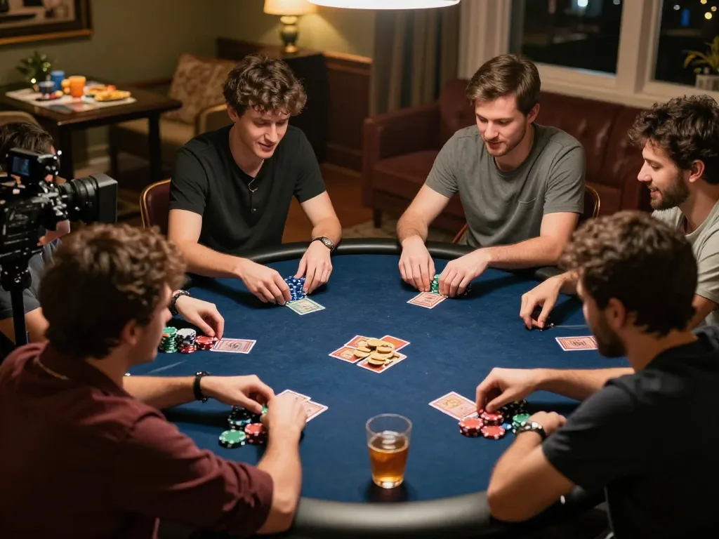 Players engaging in a thrilling poker game at home, showcasing strategic bets with Da88 chips.