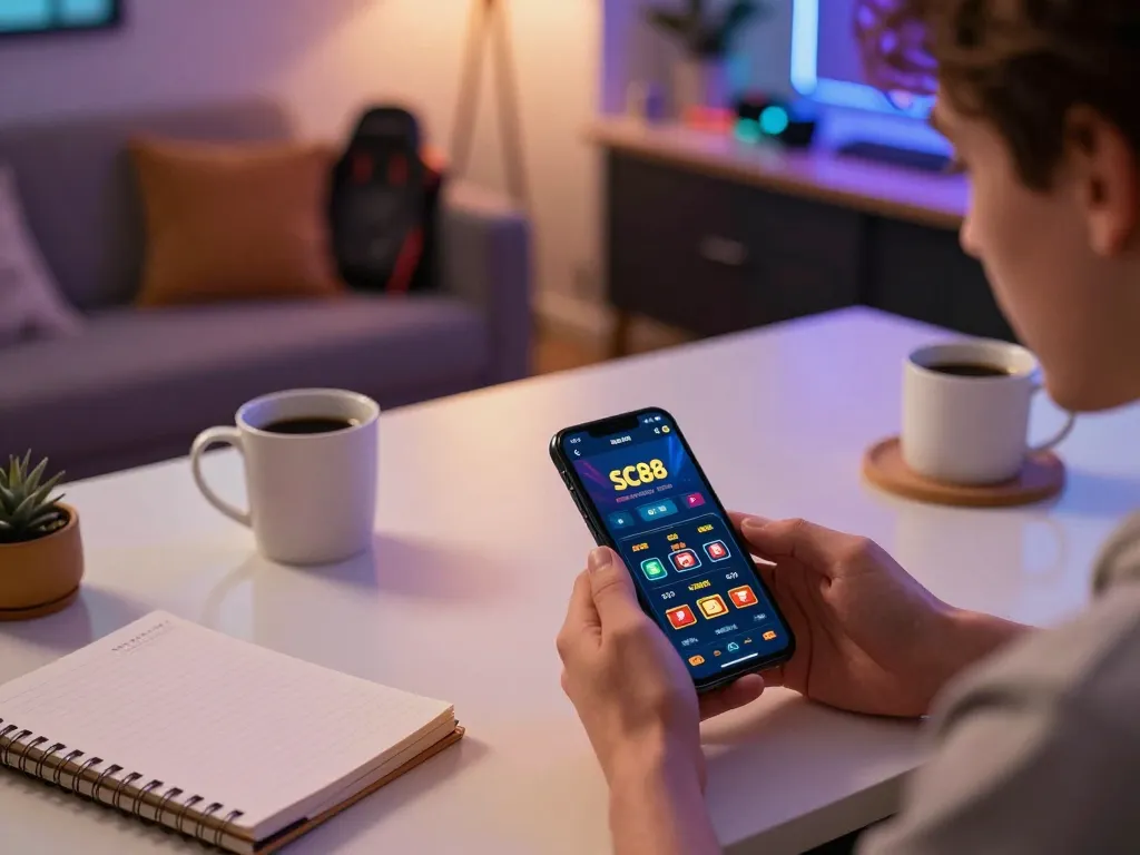 Engaging moment of a player using SC88 app for online gambling, showing excitement and strategy