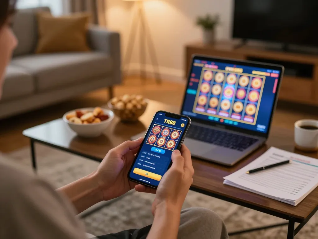 Engaging with TR88 app while enjoying a cozy home gaming setup.