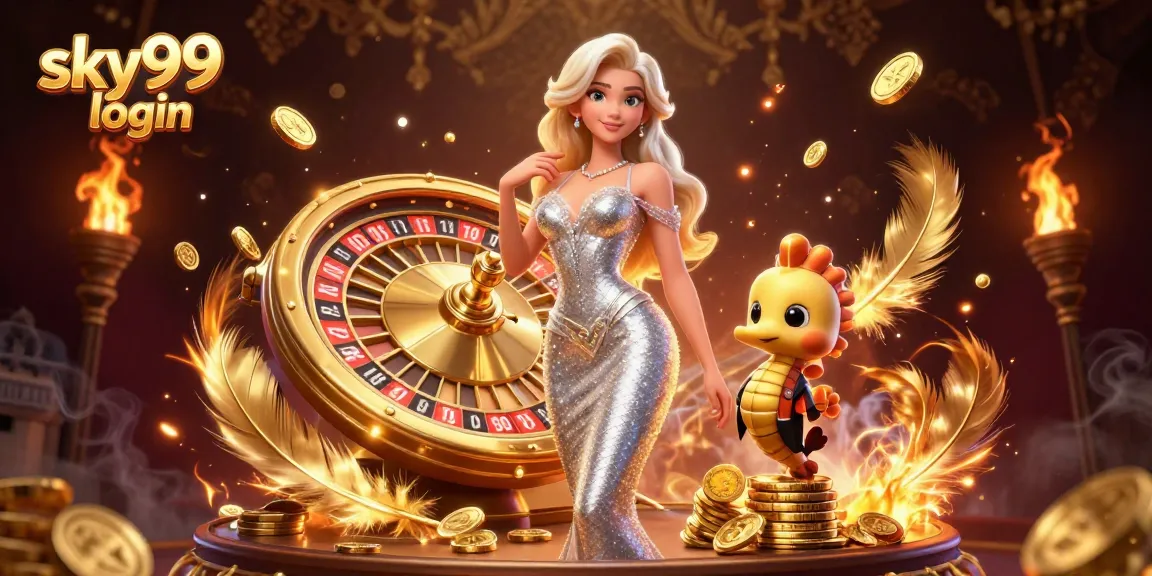 Rasakan permainan yang menyenangkan di sky99 login dengan wanita menawan di samping roda roulette emas dan kuda laut.
