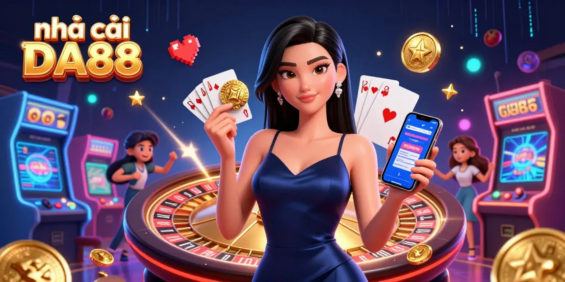 Experience the thrills at nhà cái DA88 with a stunning illustration of a confident player showcasing a casino app.