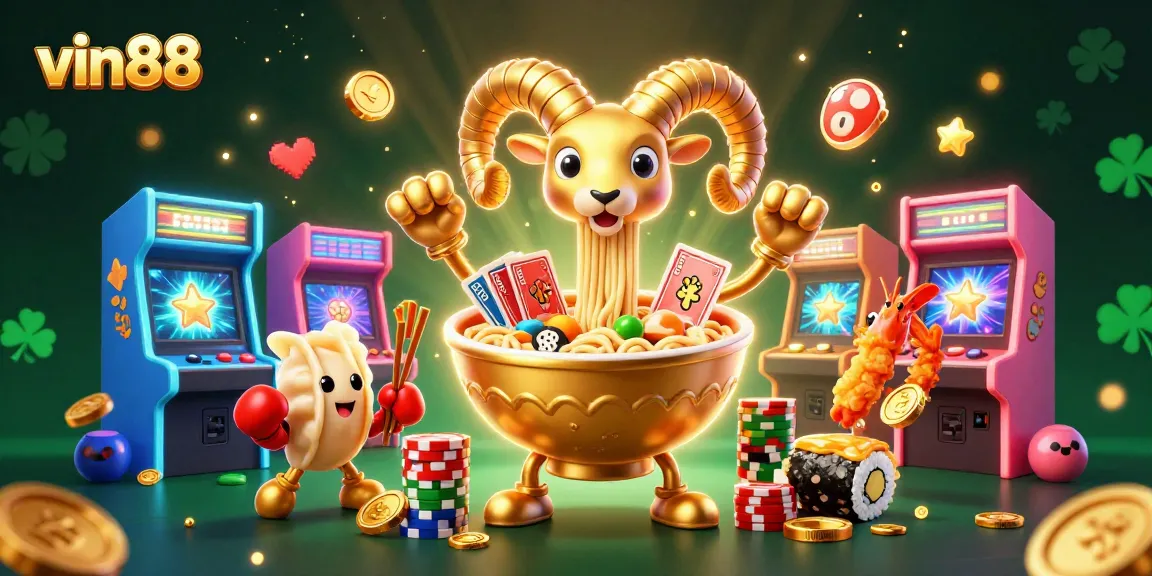 Experience vibrant gaming excitement with vin88 featuring a golden ramen bowl dealer stacking chips and cards.