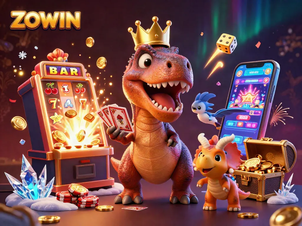 ZOWIN showcases a T-Rex shuffling cards and a baby triceratops stacking chips in a vibrant casino scene.