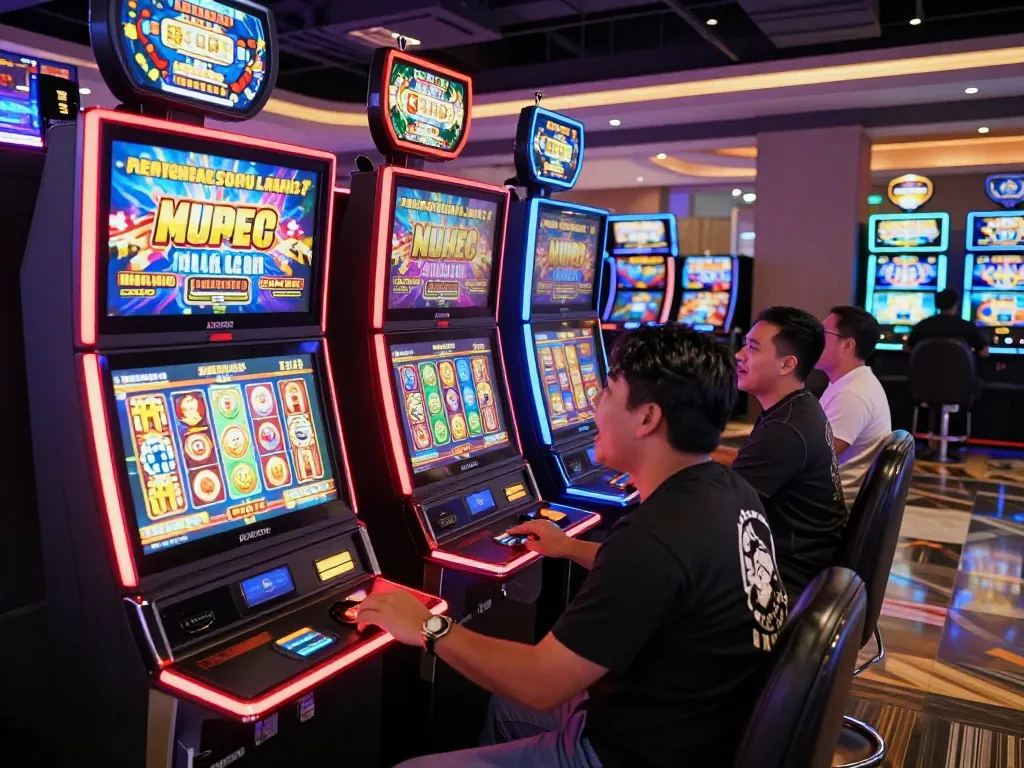 Players enjoying thrilling slot gacor games at colorful and vibrant casino.