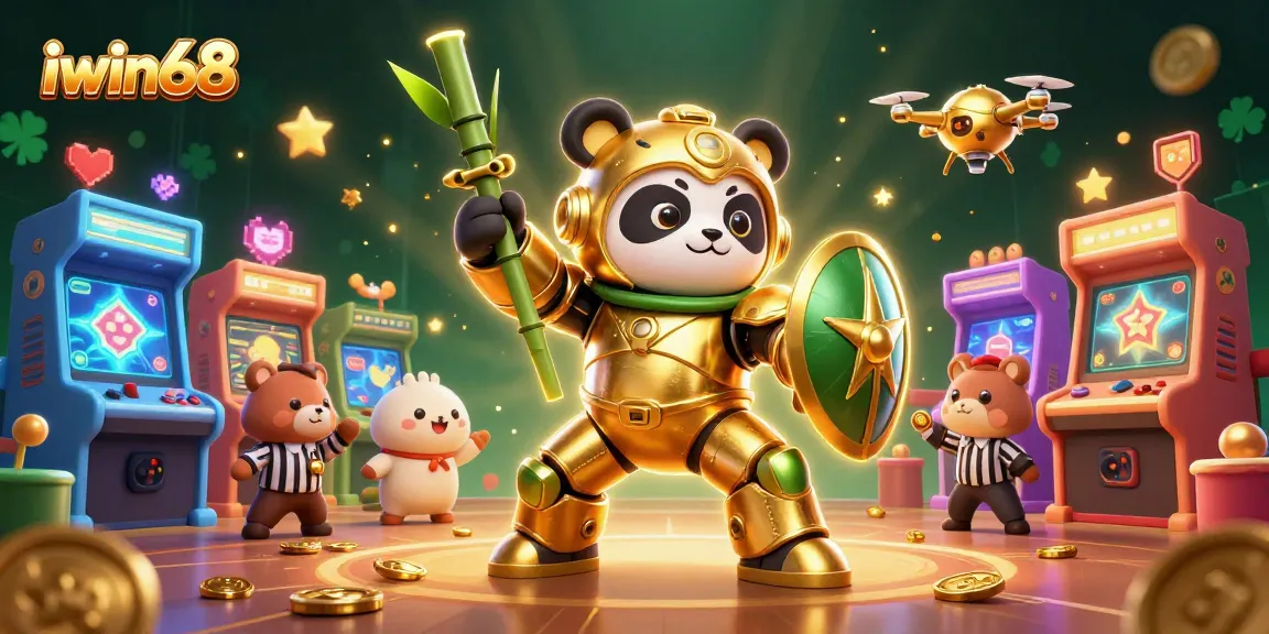 Experience the excitement of iwin68 as a golden panda navigates a bamboo robot in a vibrant gaming arena.