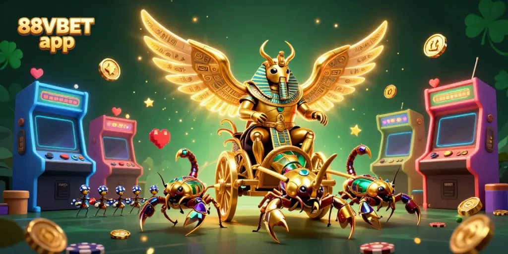 Experience the excitement of the 88VBET app with this stunning 3D casino illustration featuring vibrant characters and game elements.