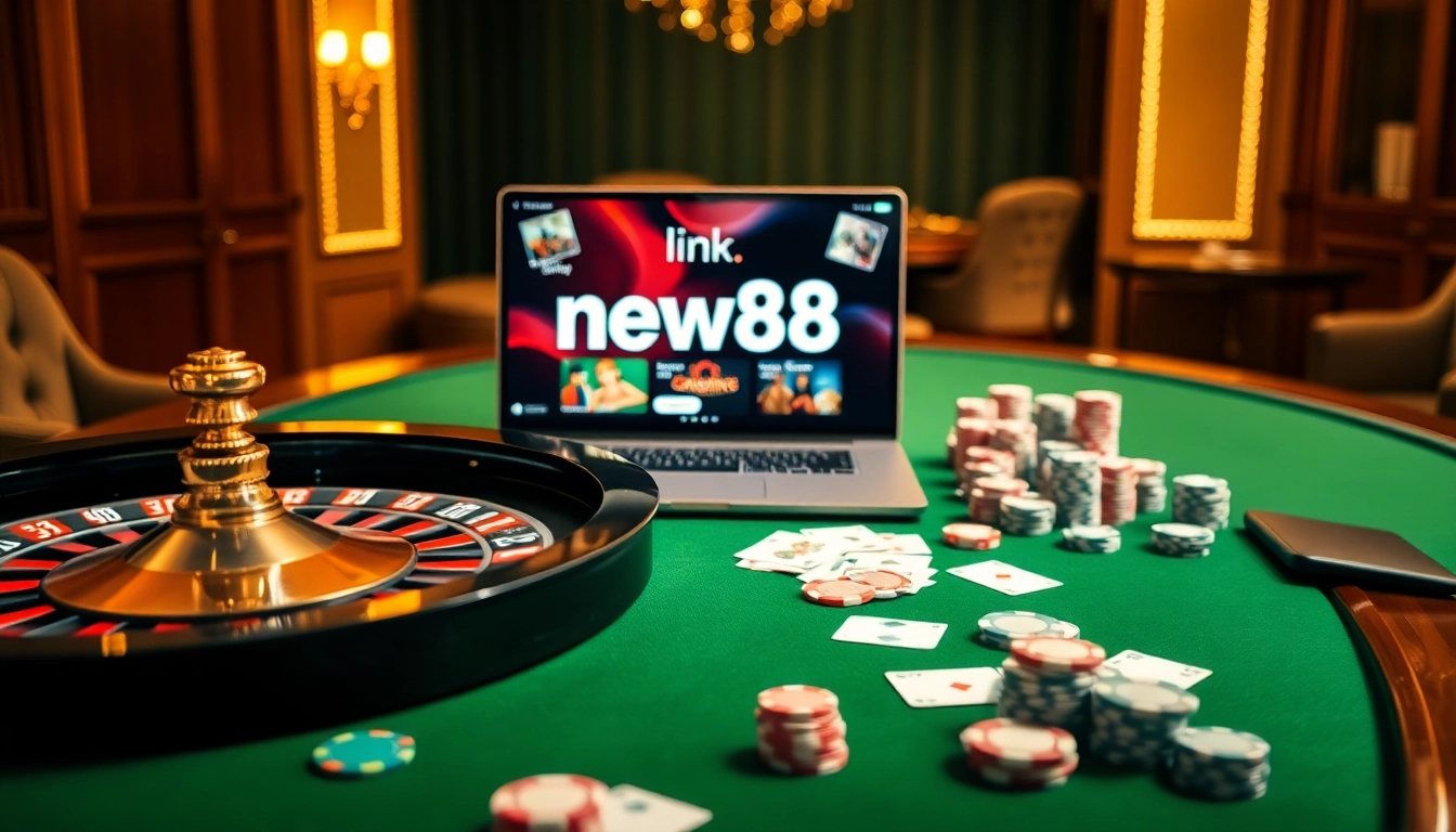 A thrilling scene of online gambling featuring the link new88, showcasing vibrant casino elements like a roulette wheel and poker chips.