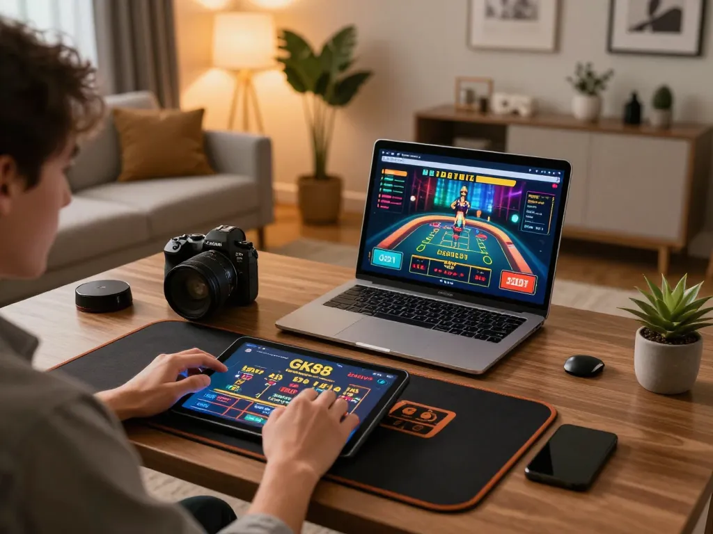 Playing GK88 casino games on a tablet in a cozy home setting, showing excitement and engagement.