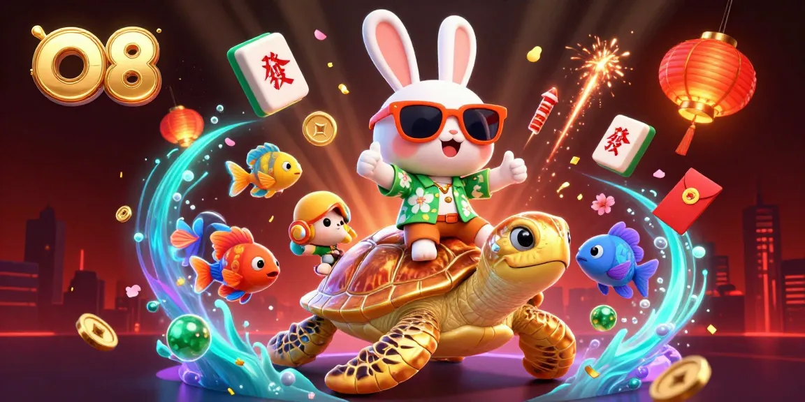 Experience O8's vibrant gaming atmosphere with the lucky rabbit and golden turtle in an exciting scene.