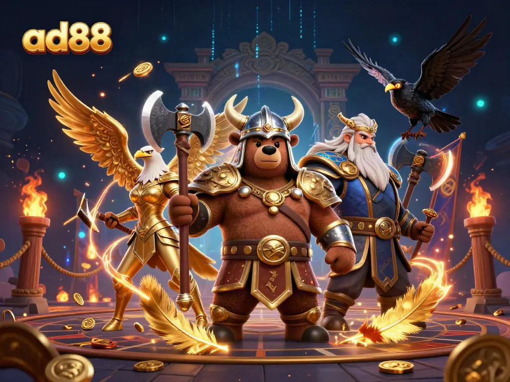 Experience thrilling gaming with ad88 featuring a Viking berserker, golden Valkyrie eagle, and Odin's ravens in a dynamic casino battle scene.