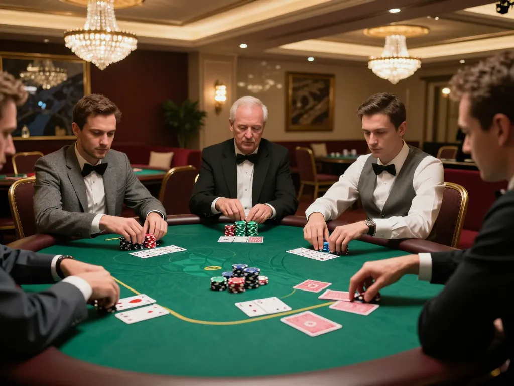 Lu88 players strategizing bets during an upscale poker game in a luxurious casino setting