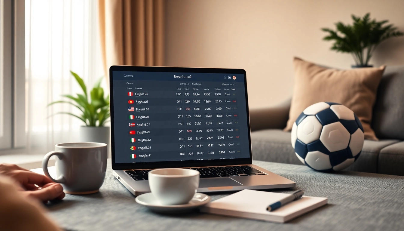 Visual representation of a keonhacai betting platform interface on a laptop, illustrating live football odds.