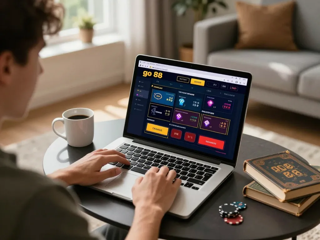 Player navigating the go88 online casino interface in a cozy home setting, fostering strategic gameplay