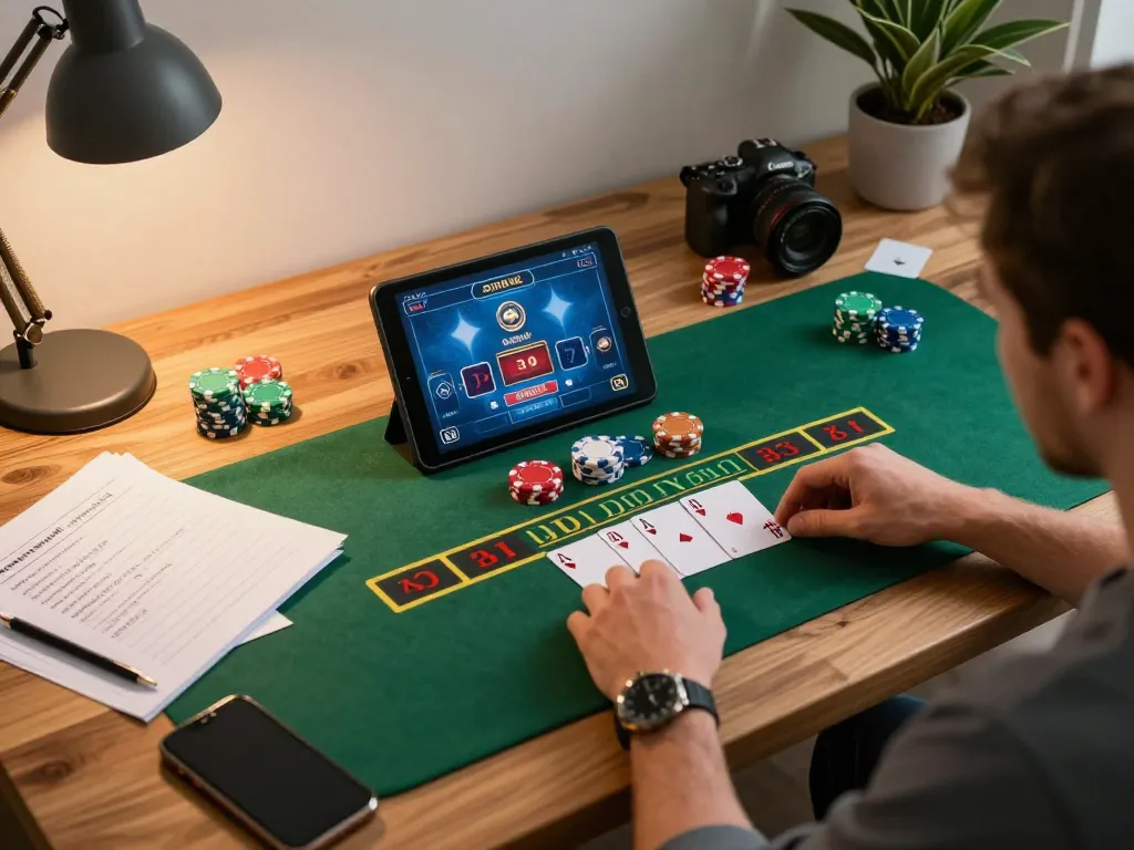 Player strategizing and placing bets in an online lu88 blackjack game at home, showcasing responsible gaming.