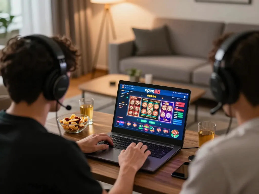Online gambling at open88 with an engaging home gaming setup showcasing a player enjoying casino games