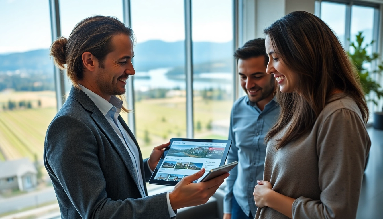 Kelowna real estate agent interacting with clients in a modern office, highlighting trust and professionalism.