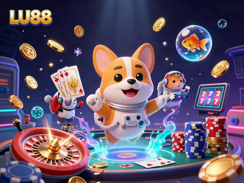 Engage with LU88 in a vibrant 3D casino scene featuring an astronaut corgi and dynamic gaming elements.