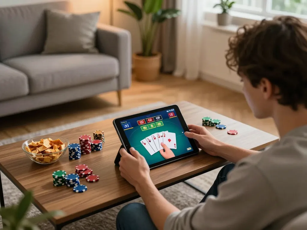 Player enjoying a poker game on vaobet tablet, cozy home atmosphere with snacks and focused ambiance.
