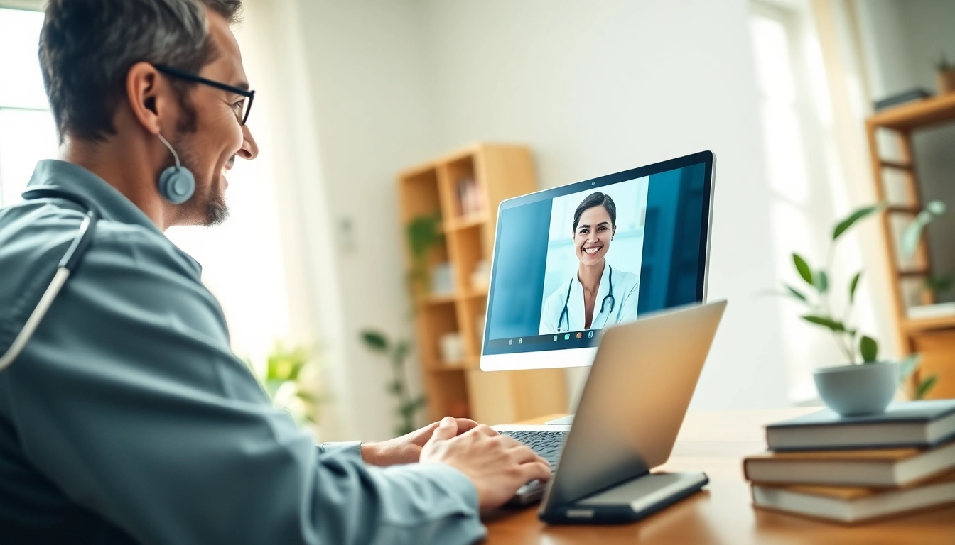 Engaging fast telehealth consultation online with a doctor and patient via laptop in a cozy office.
