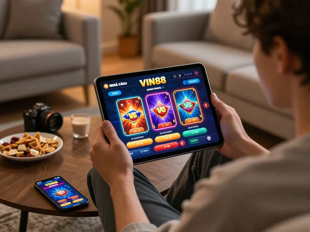Engaging gameplay on NHÀ CÁI VIN88 interface during a cozy home gaming session.