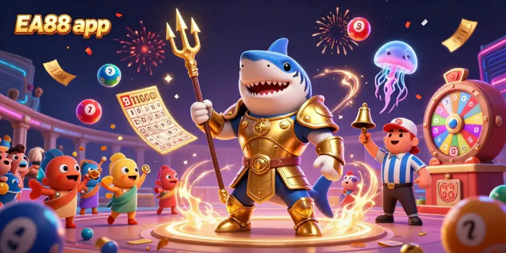 Experience the excitement of the EA88 app with a vibrant underwater casino showdown featuring a gladiatorial shark.