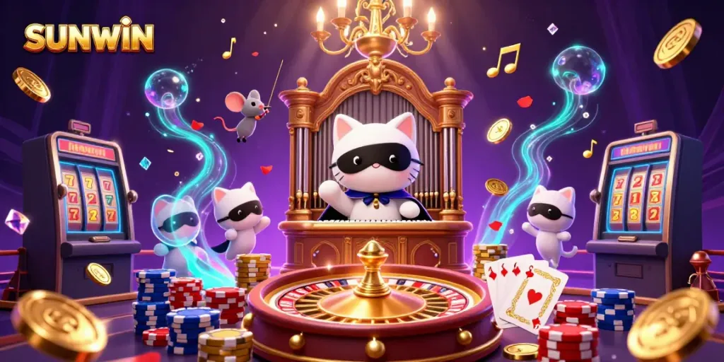 SUNWIN casino scene featuring a masked cat, mouse acrobat, and dynamic game elements.