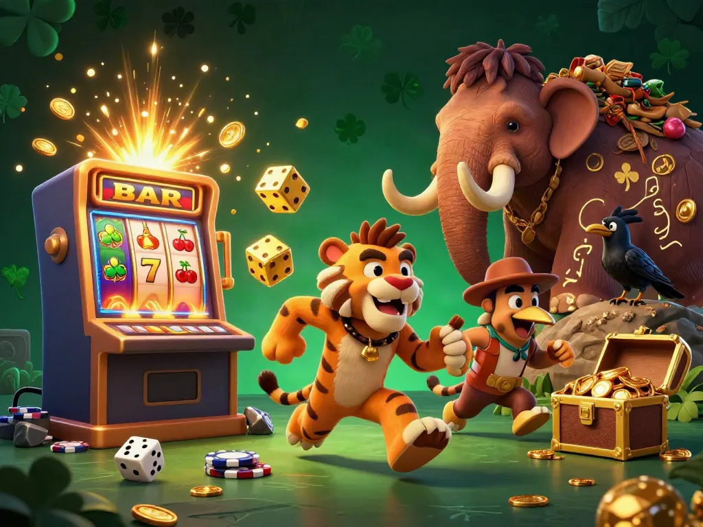 Experience the excitement of Demo Slot featuring playful characters in a vibrant casino scene.