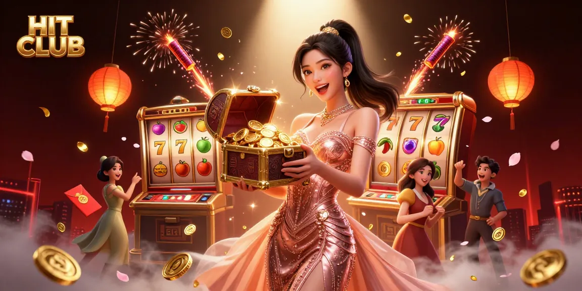 Play at HIT CLUB with exciting 3D slot machines and treasures glowing under dramatic lighting.