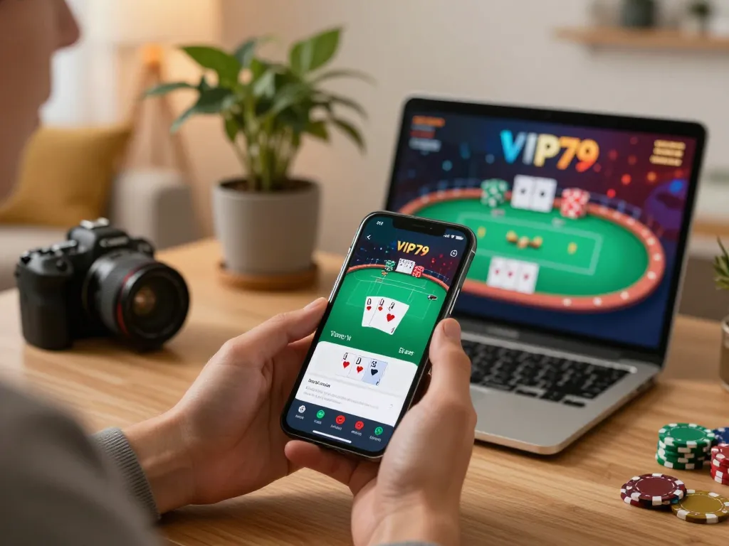 Player immersed in VIP79 online casino app gameplay on smartphone, showcasing poker excitement