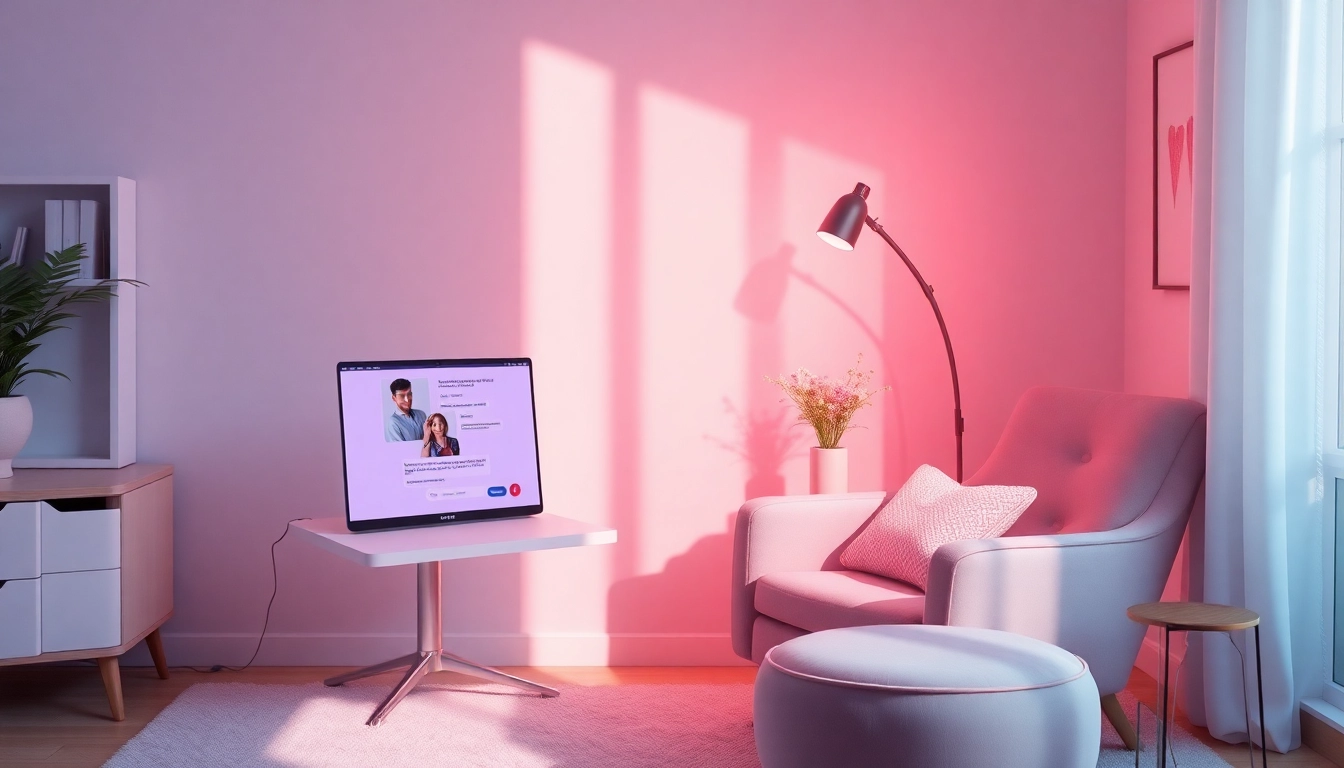 Cozy home office showcasing a digital interaction with a girlfriend AI for a warm experience