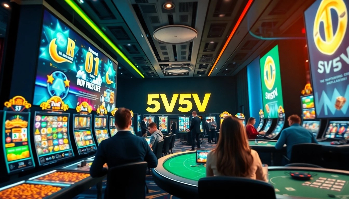 Dynamic online casino scene featuring vibrant games, emphasizing 5V5V immersion and excitement.
