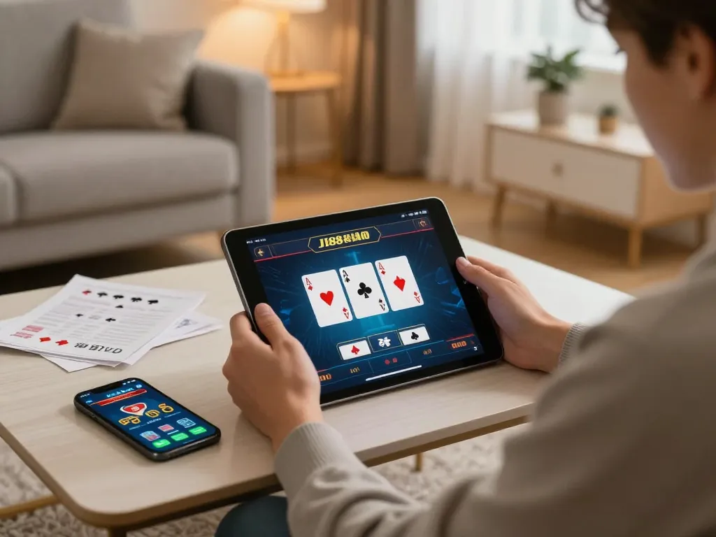Player engaging with the J188 online casino app on a tablet in a cozy living room.