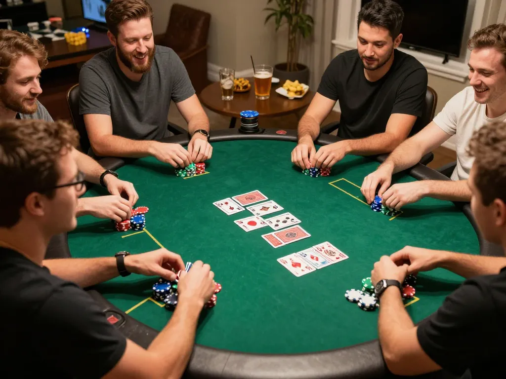 Friends enjoy a thrilling poker game night at home with vip66 ambiance.