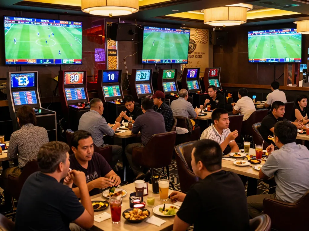 Engaged bettors studying kèo nhà cái trực tiếp in an upscale sports betting lounge filled with vibrant screens and excitement.