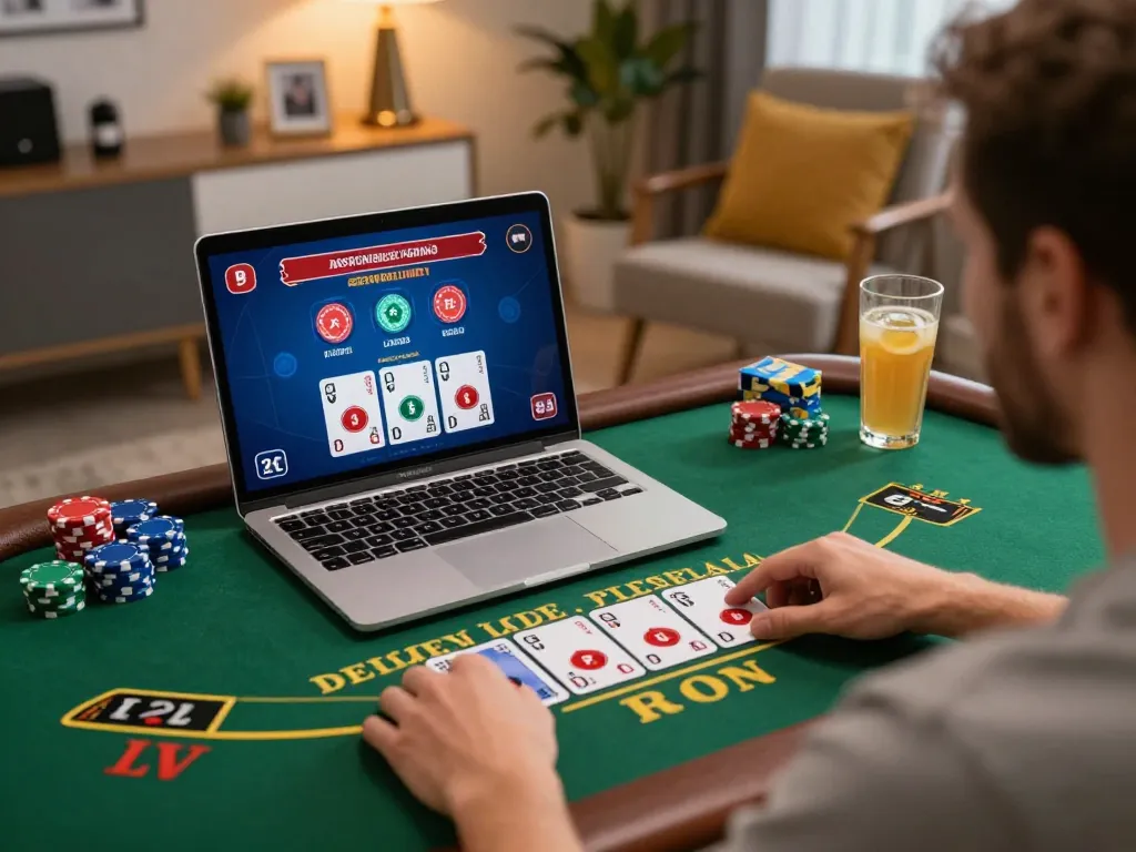 Player enjoying vin88 live blackjack on laptop in cozy home setup, emphasizing responsible gaming