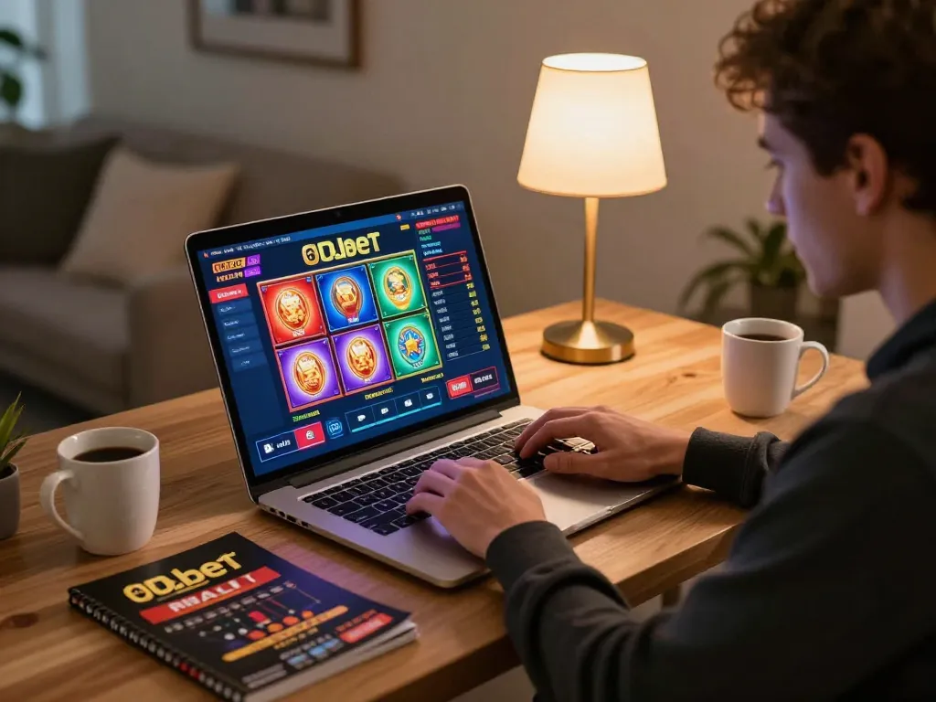 Engaging in online Oxbet gaming with colorful slots displayed on the laptop screen