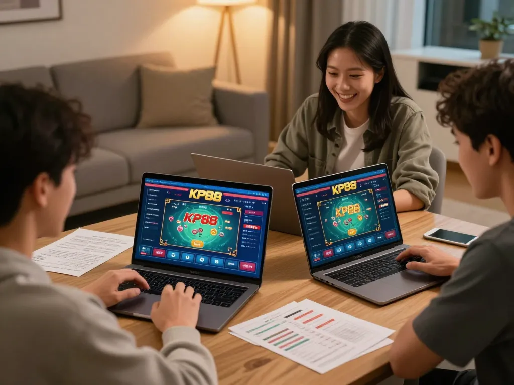 Players enjoying KP88 online casino gaming on laptops with strategy notes around them.