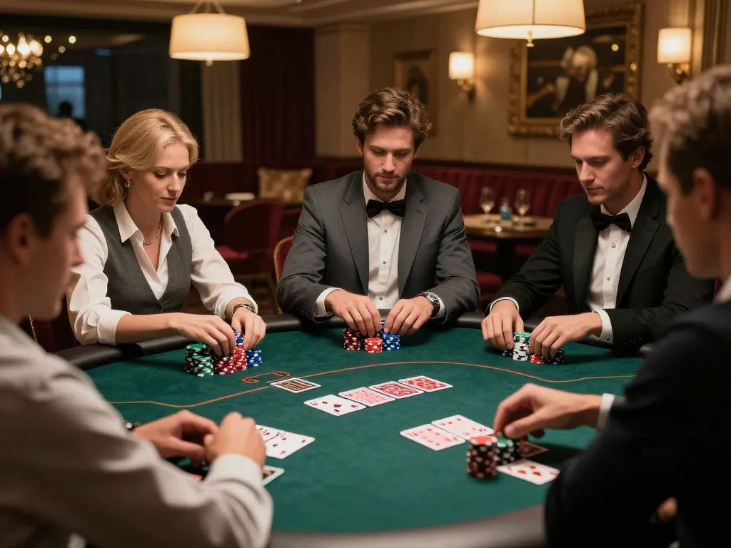 Engaged players at 11BET poker table strategizing their next move amidst vibrant chips.