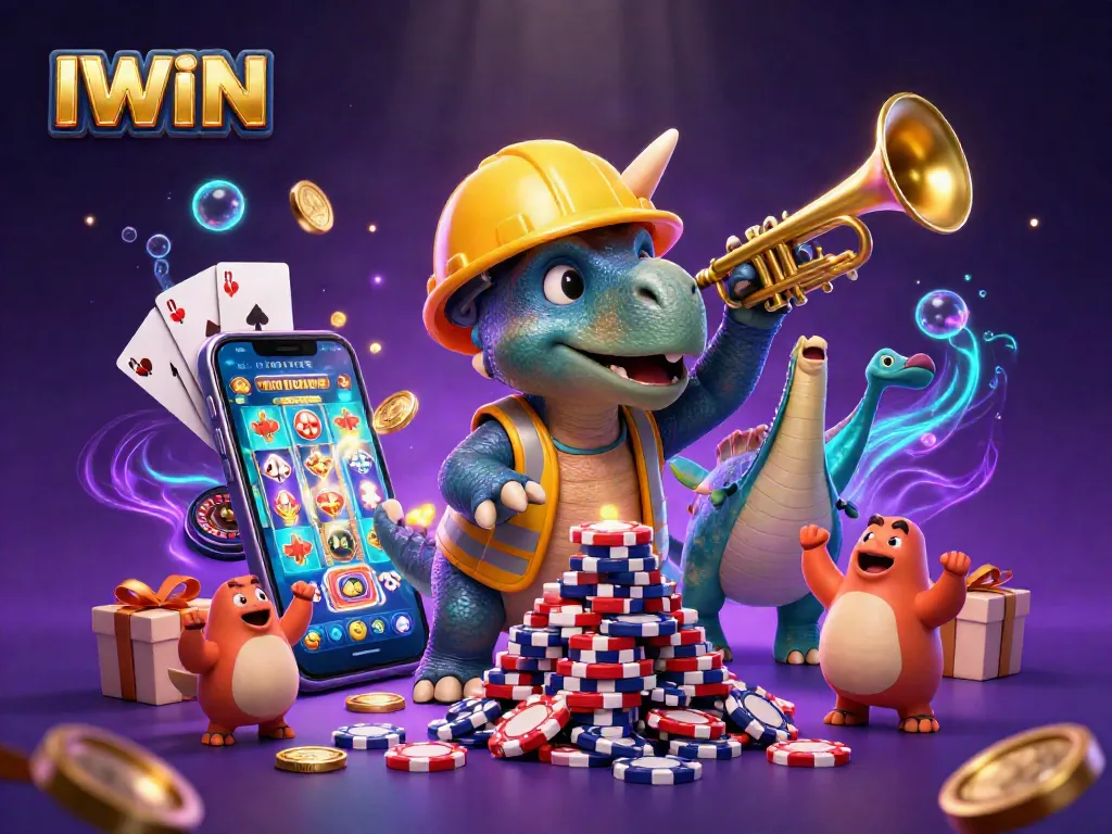 IWIN showcases a lively casino scene with a triceratops, poker chips, and vibrant slot game elements.