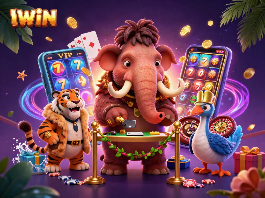 Experience thrilling IWIN action with a vibrant casino scene featuring a mammoth bouncer and VIP guests.