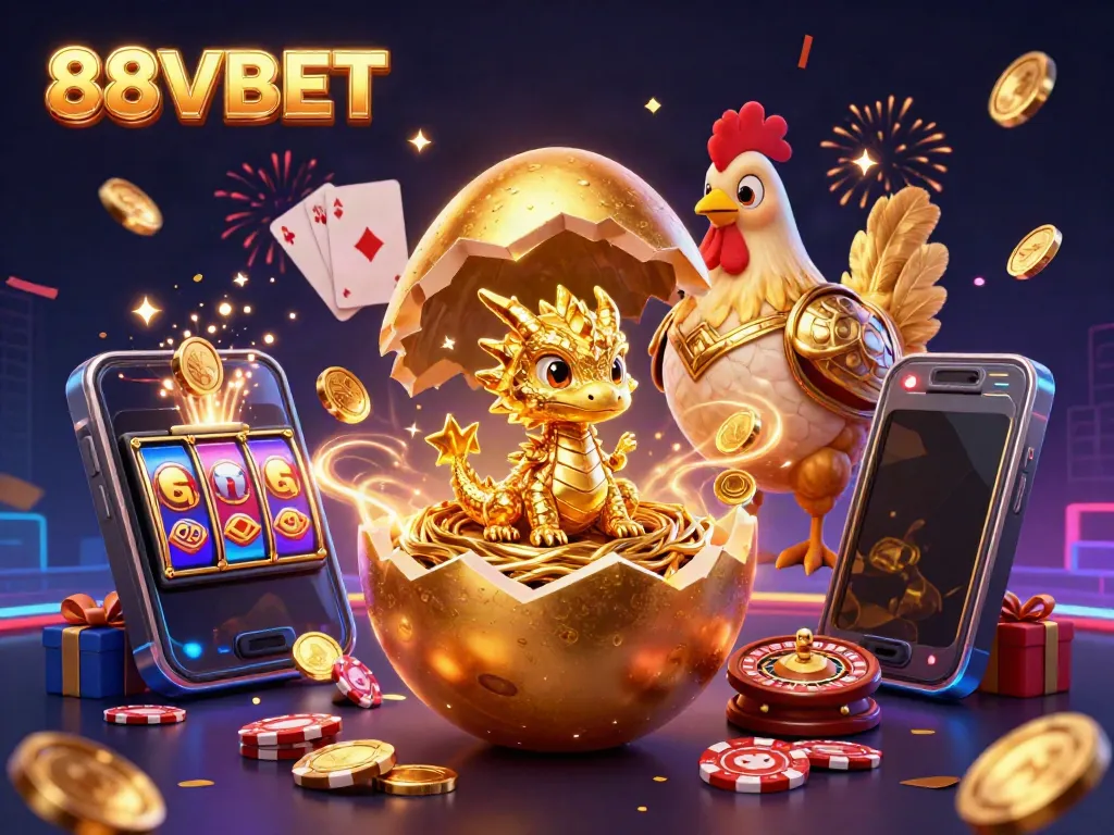Engage with 88VBET's golden dragon adventure, amidst a vibrant casino atmosphere.