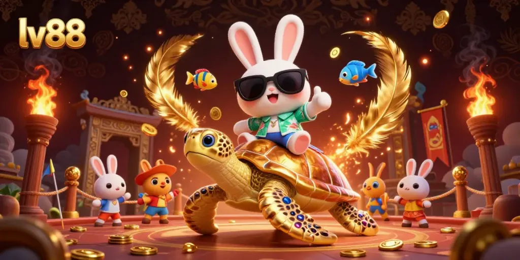 Experience the thrilling allure of lv88's vibrant atmosphere with a lucky rabbit and golden turtle in a dynamic casino scene.