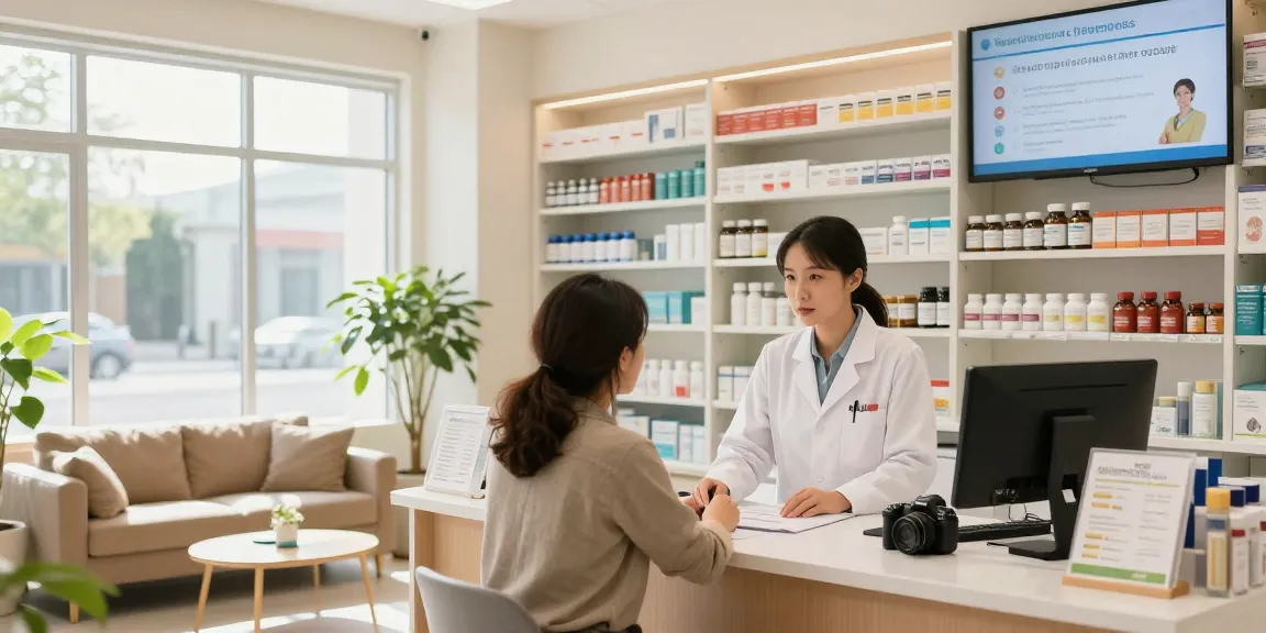Customer consulting at a parapharmacie Canada for health advice amidst a range of wellness products.