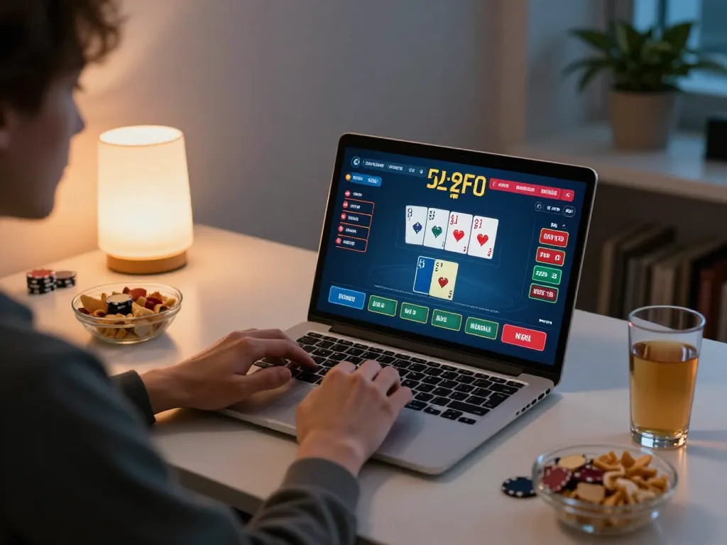 Engaging online poker session at home with 92slot on the screen, showcasing gameplay and atmosphere.