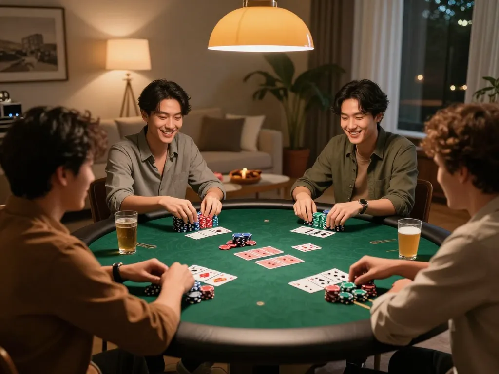 Experience NHÀ CÁI DABET with friends during a vibrant poker night at home.