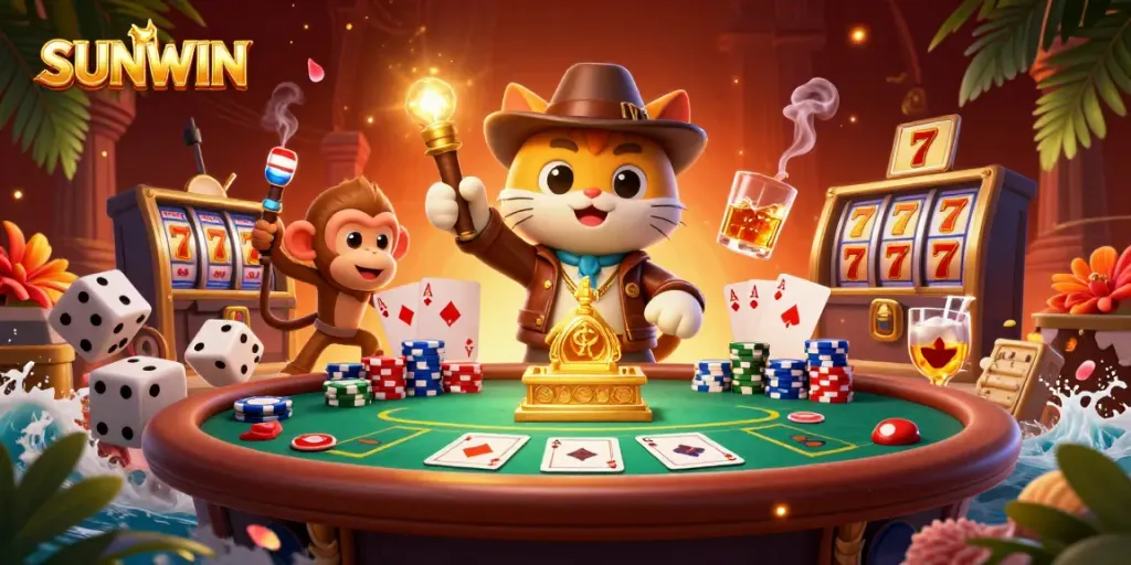 Experience the thrill of SUNWIN in a vibrant casino adventure scene with an explorer cat.