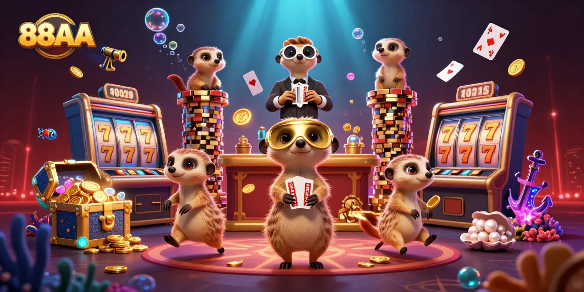 88AA casino scene with meerkats engaging in gaming, featuring slot reels and jackpot elements.
