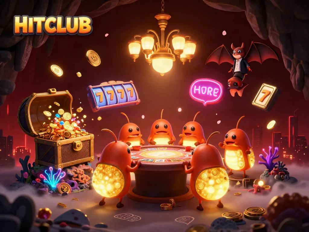 Experience HITCLUB in a vibrant casino scene filled with animated glowworms for dazzling gaming entertainment.