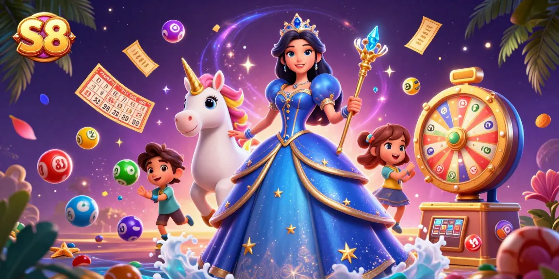 S8 spins vibrant lottery balls while a magical scene unfolds, featuring enchanting characters and dynamic gambling elements.